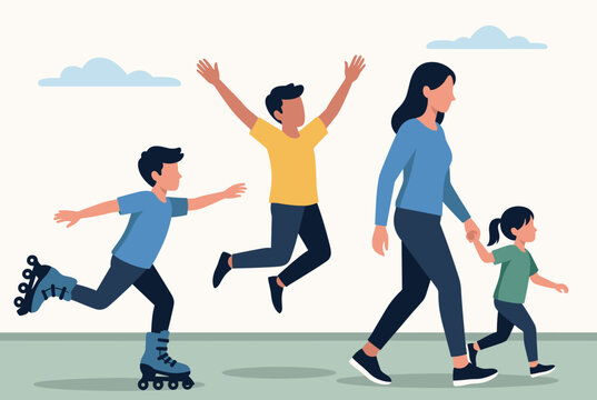 Happy active family with a mother walking her young daughter while her two sons enjoy roller skating and jumping.