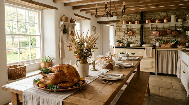 Cozy country kitchen interior prepared for family gathering celebration with large roasted turkey. 