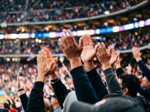Fans Cheering with Hands Raised at Stadium Event