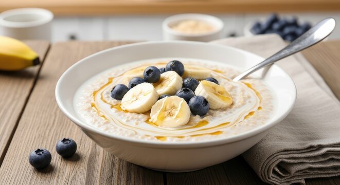 A bowl of creamy oatmeal sits on a wooden table, topped with sliced bananas and blueberries. A spoon rests beside the bowl, and additional blueberries are scattered around.