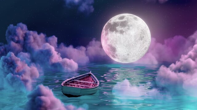 Dreamy Moonlit Boat on Fantasy Ocean Loop Background