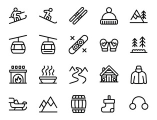 Ski Resort Vector Icons with Adjustable Line Weight Featuring Skiing Snowboarding Mountain Lifts Cabins Fireplaces Hot Tubs Winter Gear Slopes and Outdoor Recreation © HYPER