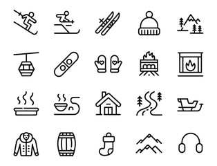 Ski Resort Vector Icons with Adjustable Line Weight Featuring Skiing Snowboarding Mountain Lifts Cabins Fireplaces Hot Tubs Winter Gear Slopes and Outdoor Recreation © HYPER