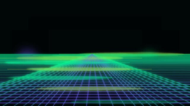 Seamless Emerald Neon Grid With Low Horizon Moving Light Waves