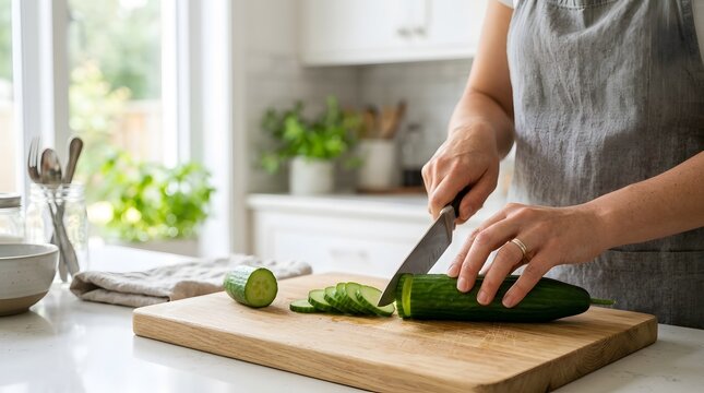 A person wearing an apron is slicing a fresh green cucumber on a wooden cutting board in a bright, modern kitchen with white cabinets and a window.