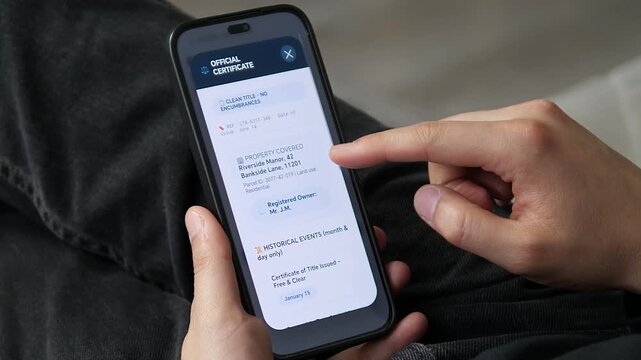 User reviewing a property title statement from the National Land Registry. The document confirms a clean title with no encumbrances. Ideal for government records, real estate security, and official