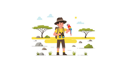 A young explorer in safari gear stands in a savanna landscape with a colorful parrot on his arm and binoculars around his neck near acacia trees. © Syifa