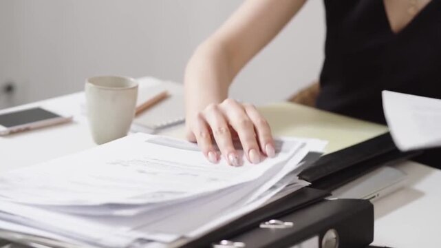 Professional hands sorting through business documents and reports in modern office workspace for organizational tasks