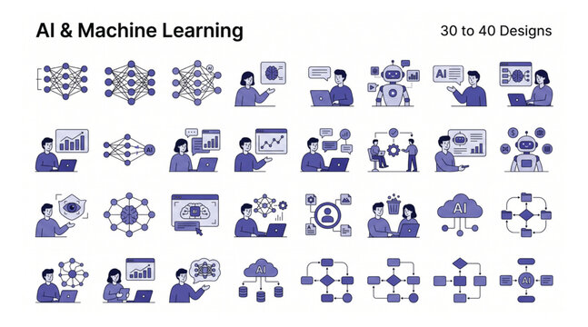 Artificial intelligence and machine learning data technology vector set with intelligence artificial learning technology computing automation algorithm innovation software analysis