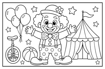 Clown coloring page featuring a happy circus character with balloons unicycle tent and many stars © Hokyubi