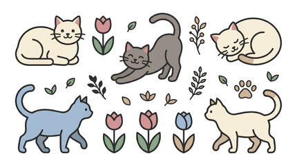 Fototapeta premium Cute cat vector set with floral elements, hand drawn kitten illustrations in pastel colors, feline characters for stickers and patterns