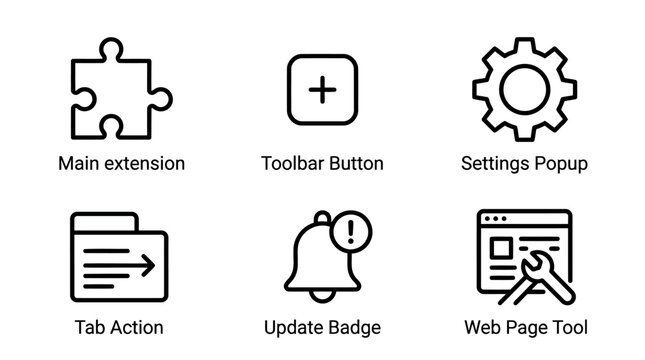 Browser extension interface icons including main extension toolbar button settings popup tab action update badge and web page tool black line style.