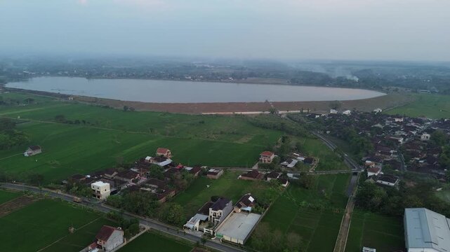 Aerial View of Lalung Reservoir Surrounded by Rural Landscape in Karanganyar Indonesia