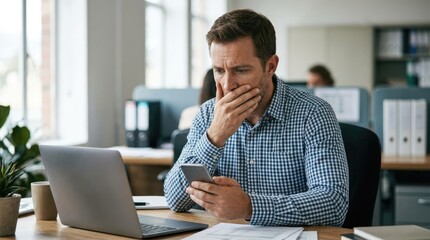 Naklejka premium A man sits at a desk, looking stressed and overwhelmed. He holds a phone in one hand and covers his mouth with his other hand.