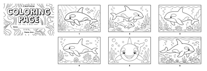 Orca coloring page collection featuring cute cartoon killer whales for children in a fun activity book © Hokyubi