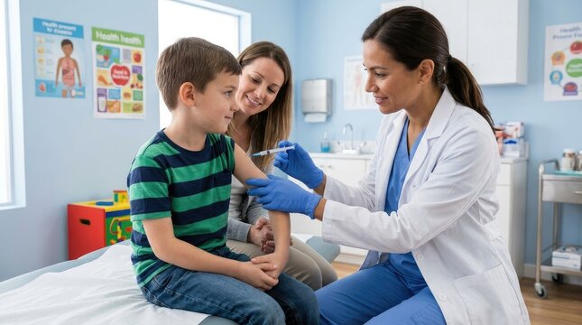 A female doctor administers a vaccination to a young boy in a pediatric clinic. A mother sits beside her son, both appear calm and cooperative.