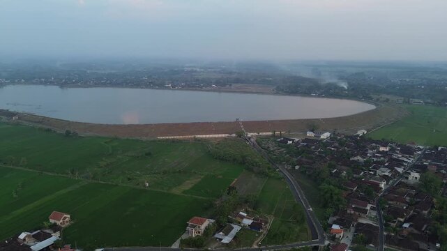 Aerial View of Lalung Reservoir Surrounded by Rural Landscape in Karanganyar Indonesia