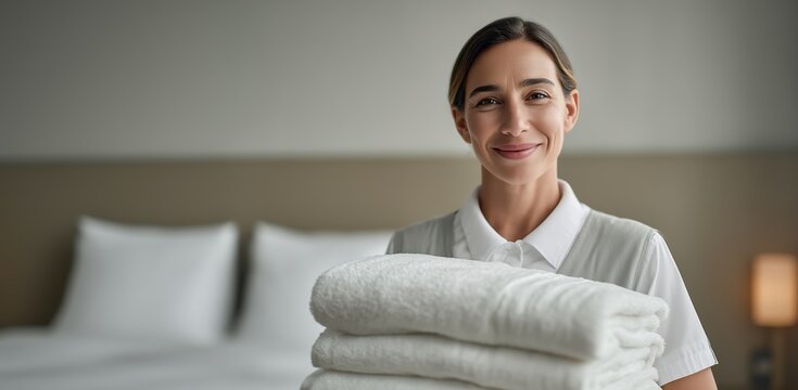 The hotel maid smiles as she hands guests a stack of clean towels. The concept of service, cleanliness, comfort, and maintaining order in the hotel.