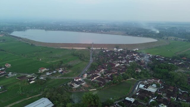 Aerial View of Lalung Reservoir Surrounded by Rural Landscape in Karanganyar Indonesia