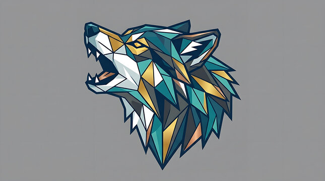 Geometric wolf head vector illustration, stylized polygonal animal portrait, modern abstract wildlife design with vibrant teal, gold, and dark blue triangular shapes on a grey background