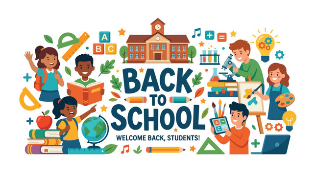 Diverse group of happy children engaged in various learning activities and school subjects with educational icons