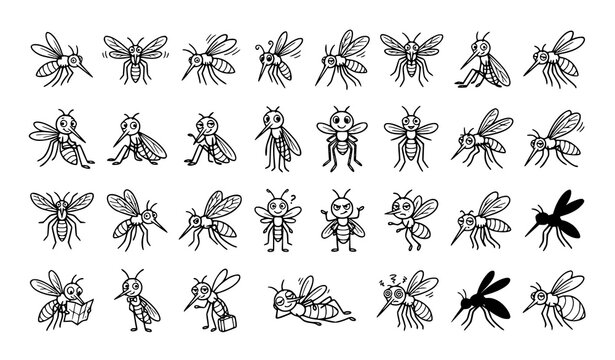 Hand Drawn Cartoon Mosquito Vector Set with Doodle Insect Characters and Bug Illustrations
