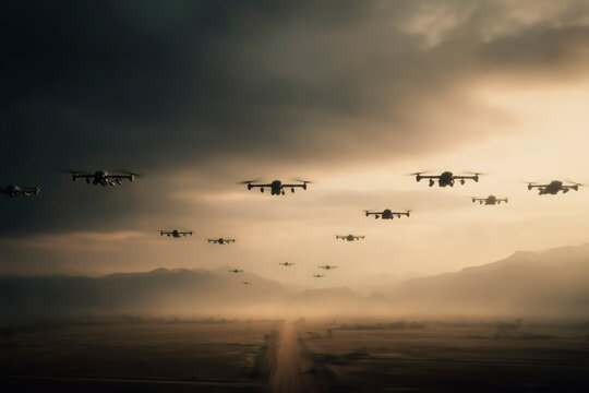 Military Combat Drones Swarm Flying Over Desert Landscape