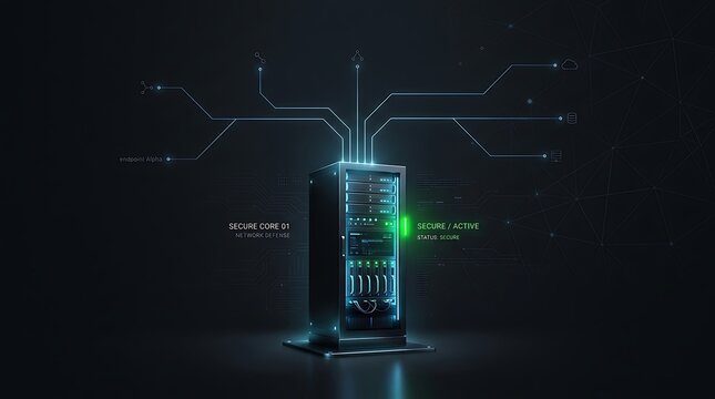 Secure server rack with glowing blue and green lights and network connections