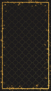 Golden Glitter Border Frame with Sparkling Stars and Black and Gold Luxury Pattern Background vertical social media blank design element