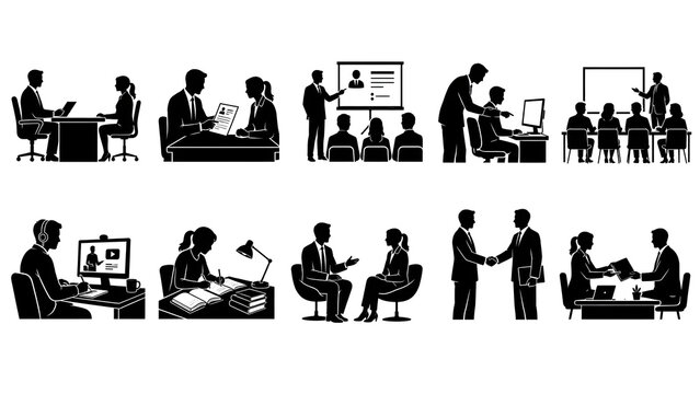 Recruitment and Employee Training Silhouette Set with Job Interview, Resume Review, Onboarding and Corporate Learning