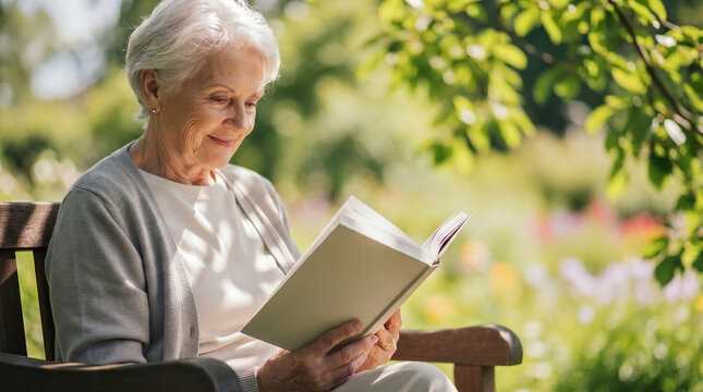 Elderly person reading book outdoors, enjoying peaceful afternoon in lush green garden. Happy senior woman deeply immersed in good novel, embracing leisure.
