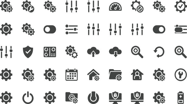 Settings, icon, set, isolated, on, white, background, vector, symbols, for, web, configuration, optimization, control, panel, options, adjustment, management, maintenance, customization