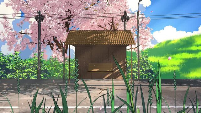 Japanese Countryside Bus Stop in Spring &ndash; Sakura Season Loop 4K