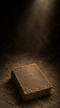 Old dusty Bible lying on cracked earth with a beam of light shining down, faith concept