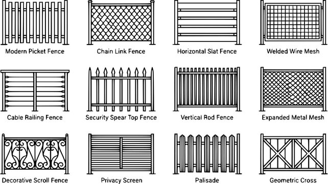 Construction  Architecture Black and White Line Art Icons: Diverse Fence Types, Security Barriers, and Decorative Railings for Home  Property Design.