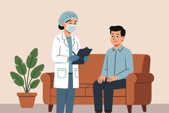 Medical nurse wearing protective cap and face mask taking notes while interviewing male patient on clinic couch.