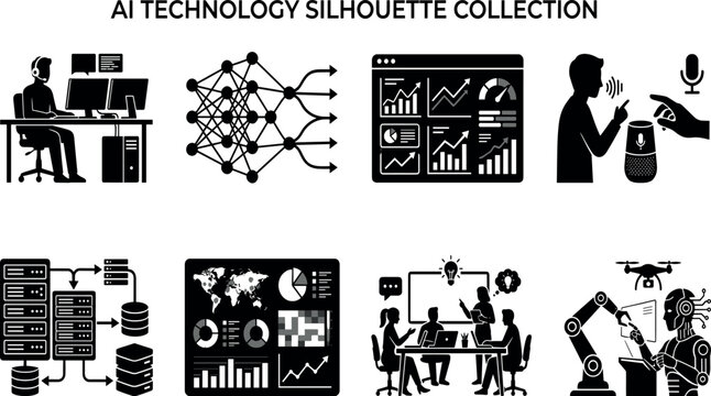 AI technology silhouette collection featuring neural networks data analytics smart robotics and cloud   silhouette collection featuring neural networks data analytics smart robotics and cloud computin