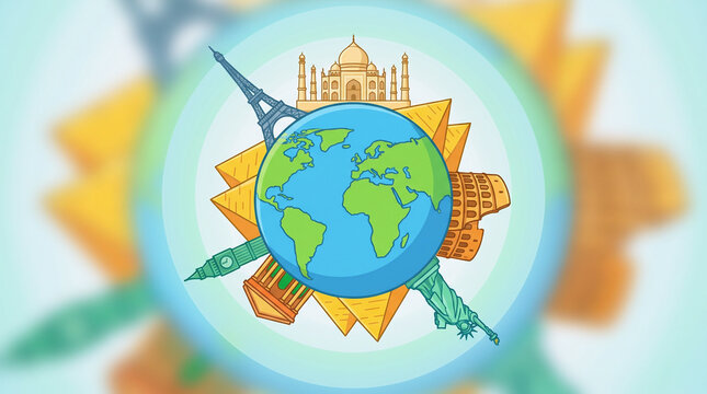 World Tourism Day - Famous Global Landmarks Around Earth Globe Illustration
