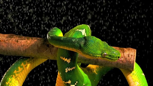 Close up shot of a vibrant green tree python snake coiled on a branch under falling water droplets in the rain