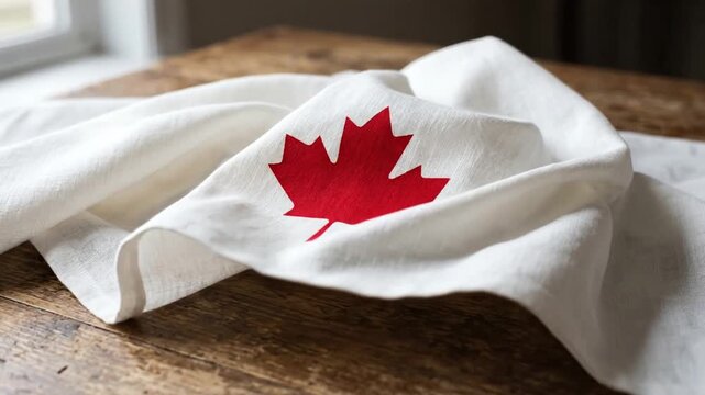 White Textile With Red Maple Leaf Pattern Resting On Wooden Table