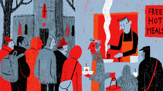 Volunteers serving hot food to unhoused individuals at a soup kitchen, retro linocut style