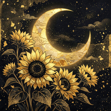 Sunflower ひまわり 356 Golden Sunflowers and Large Crescent Moon with Cloud Patterns on Black Japanese Paper Background（黒和紙背景に描かれた金色のひまわりと雲文様をあしらった大きな三日月）