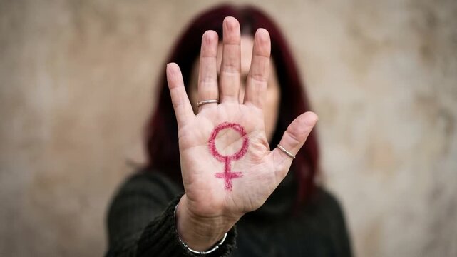 Person holds up hand with female gender symbol, gesturing stop for women's rights