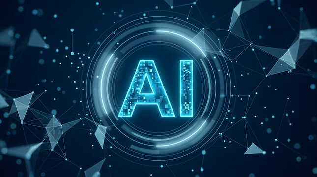 Artificial intelligence glowing text symbol centered in a futuristic digital data network background with abstract geometric connections