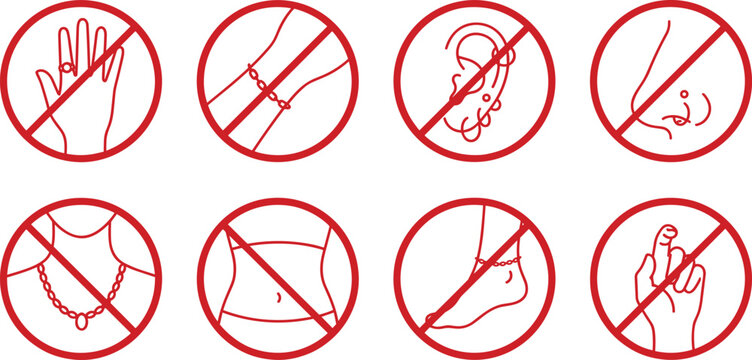 Prohibition jewelry piercing icons with rings bracelets earrings necklace navel anklet vector illustration artwork