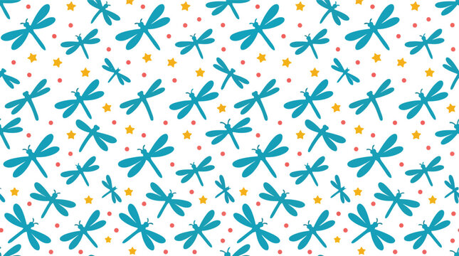 Seamless blue dragonfly pattern with colorful dots on white background for kids decor