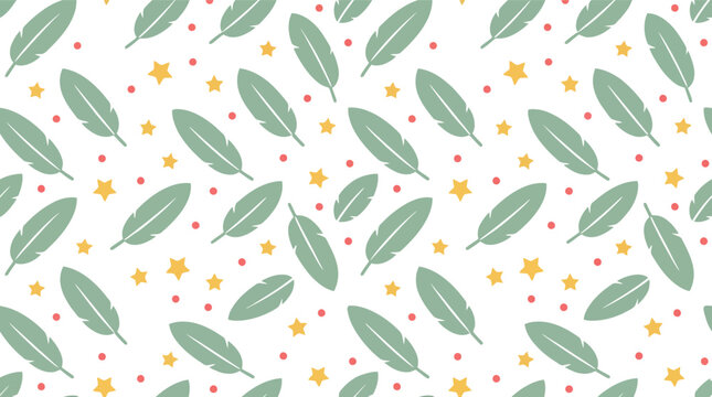 Seamless green feather and star pattern background for kids and nursery decor