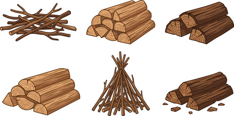 Wood log arrangement icons with stacked split branches teepee firewood vector illustration artwork © Creative Stoker