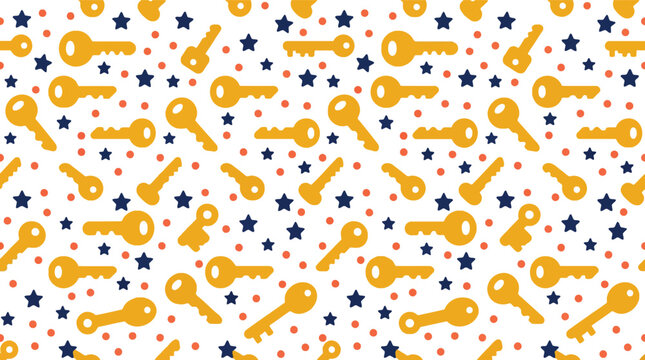 Seamless yellow key pattern with stars and dots on white background vector illustration