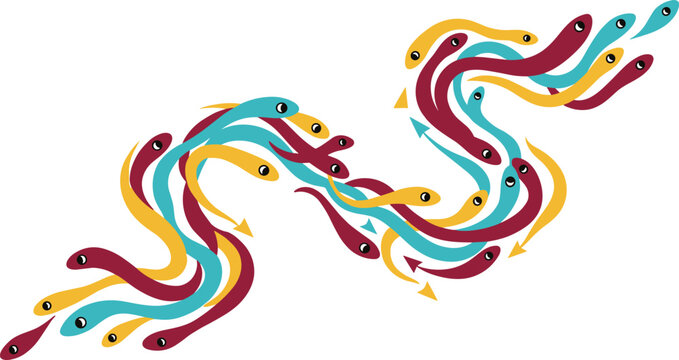 Abstract snake ribbon shapes with red yellow teal flowing dynamic motion vector illustration artwork